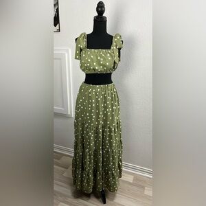 Women’s Visions of Style Sage Green Polka Dot Two-Piece Maxi Dress Sz M Chic